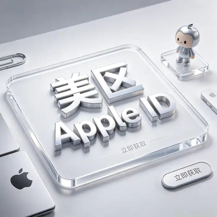 美区id与美区id账号使用指南，展示 Apple ID 和 App Store 地区设置的科技风主题插画